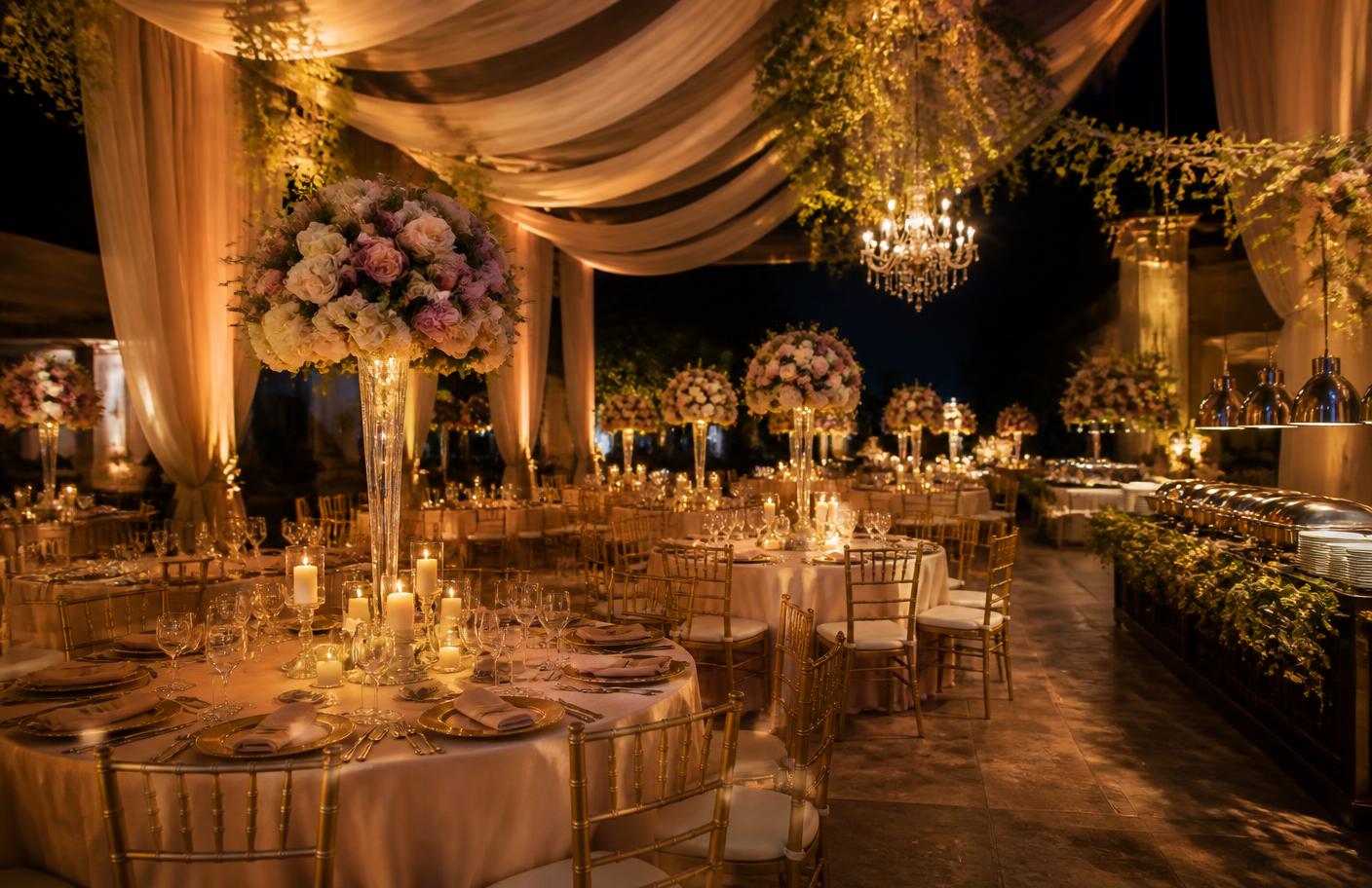 Elegant wedding and quinceañera reception hall set for a catered dinner in DFW